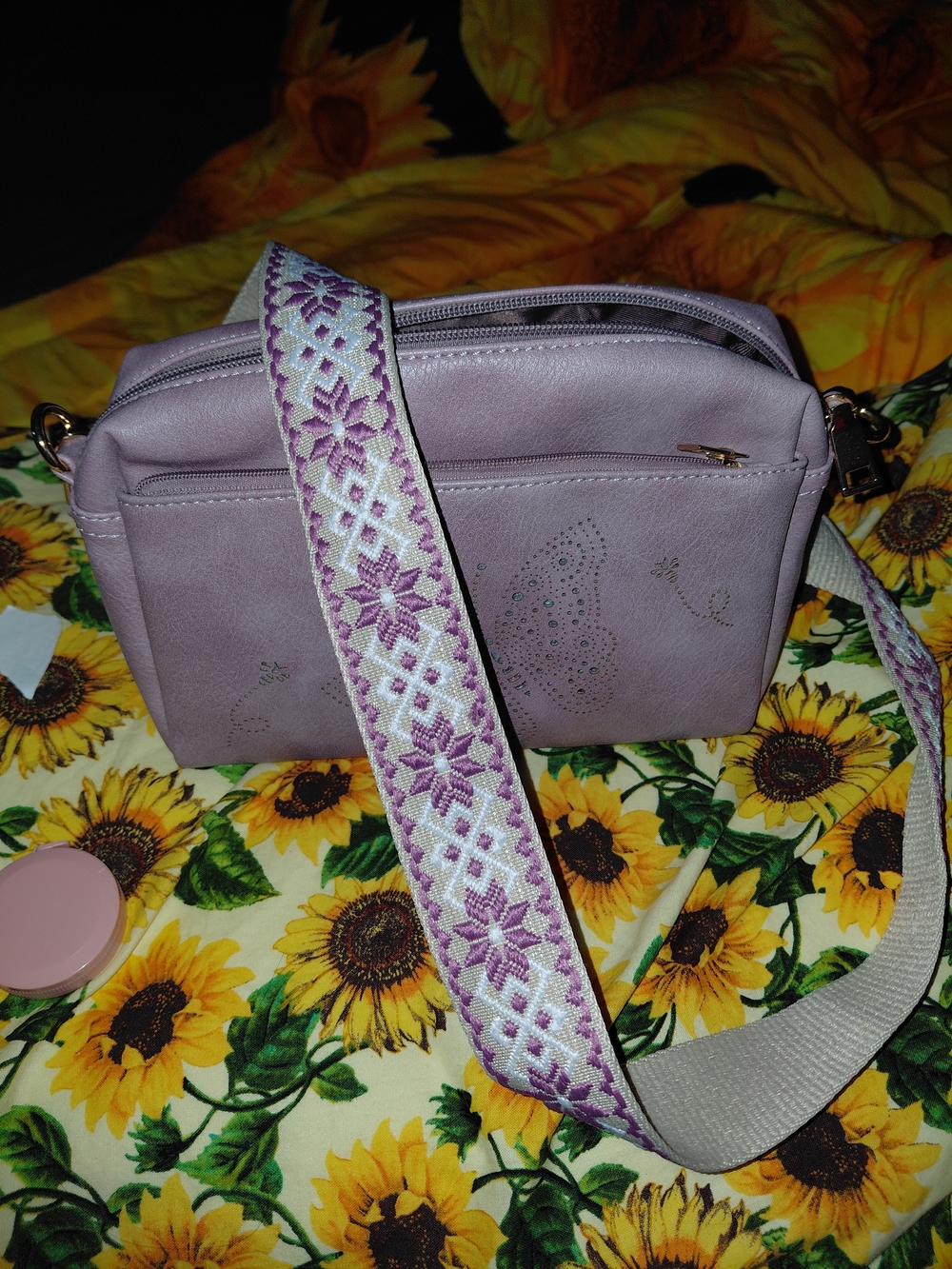 Lavender Crossbody Bag with Embroidered Strap